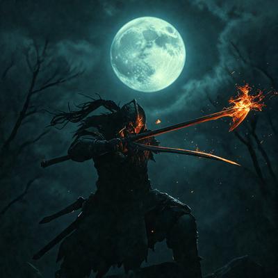 The primary subject of the image is a person dressed in medieval armor, holding two swords and standing in front of a full moon. The setting appears to be a dark, possibly nighttime, environment. The visual style of the image is a digital art or illustration, with the person and the moon being the main focus of the scene. The colors and mood of the image are dark and mysterious, with the full moon and the person's armor adding to the overall atmosphere.